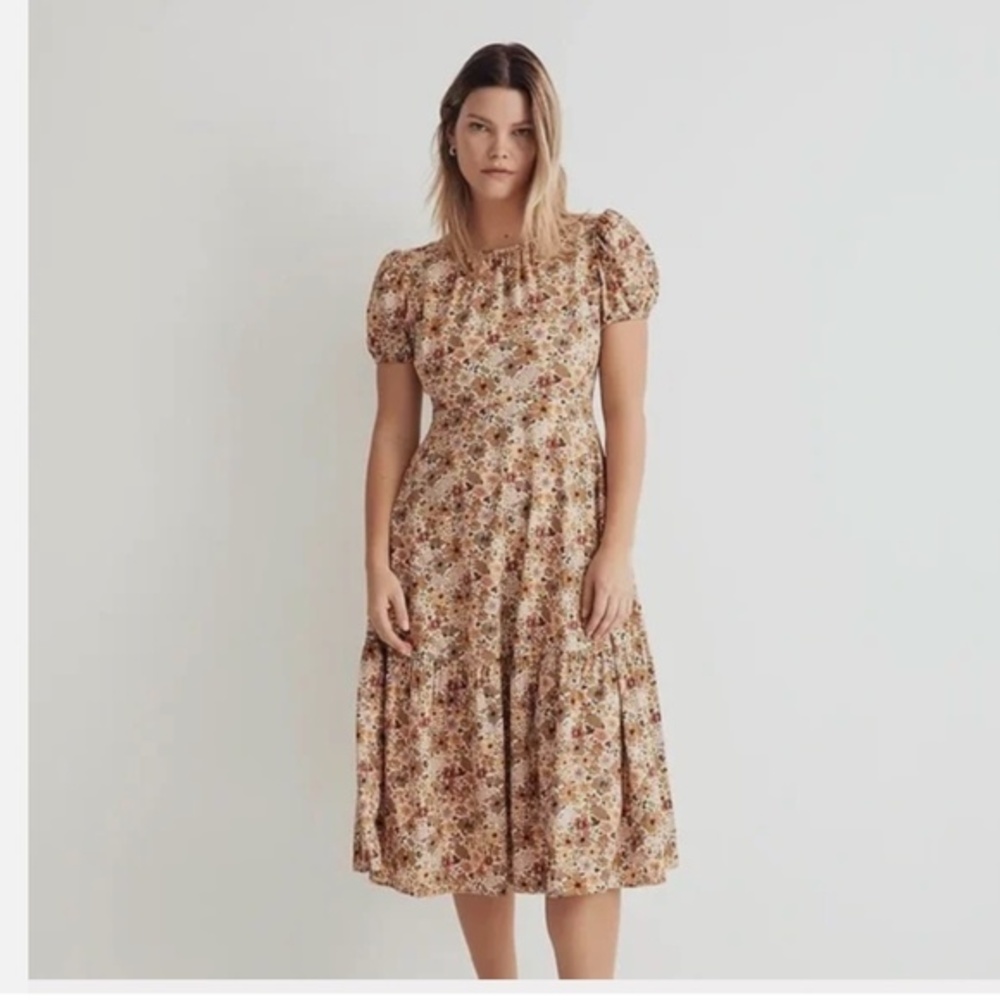 Madewell Open Back Puff Sleeve Flora Field Beige Ochre Dress Midi Nwt 16W